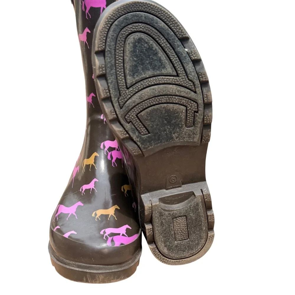 Western Chief Rain Boots Womens 6 Espresso Brown Rubber Horse Print Tall Western